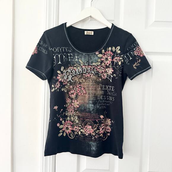 Jamee J Vintage USA Y2K Black Grand Ale Dark Romantic Baby Tee Top Large French - Picture 1 of 9